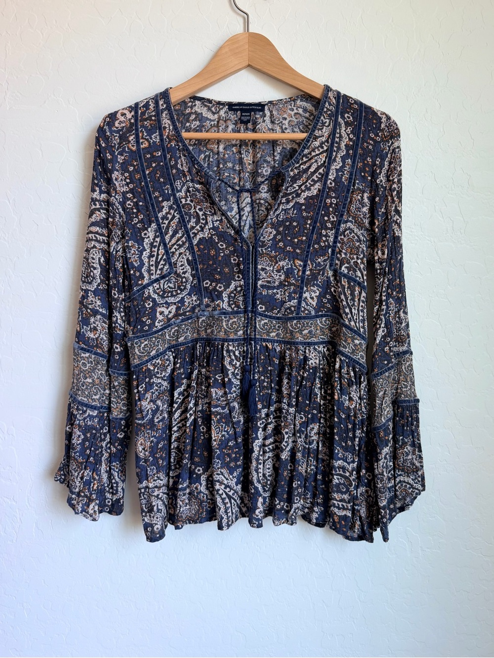 American Eagle Boho Navy Paisley Peasant Top
